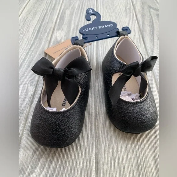 Lucky Brand Crib Shoes Black Bow 6-9 Months Size 3 Baby Girl - Picture 2 of 10